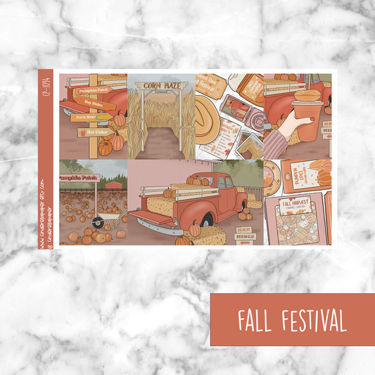 Illustrated fall festival scene with pumpkins, corn maze, and truck on a marble background.
